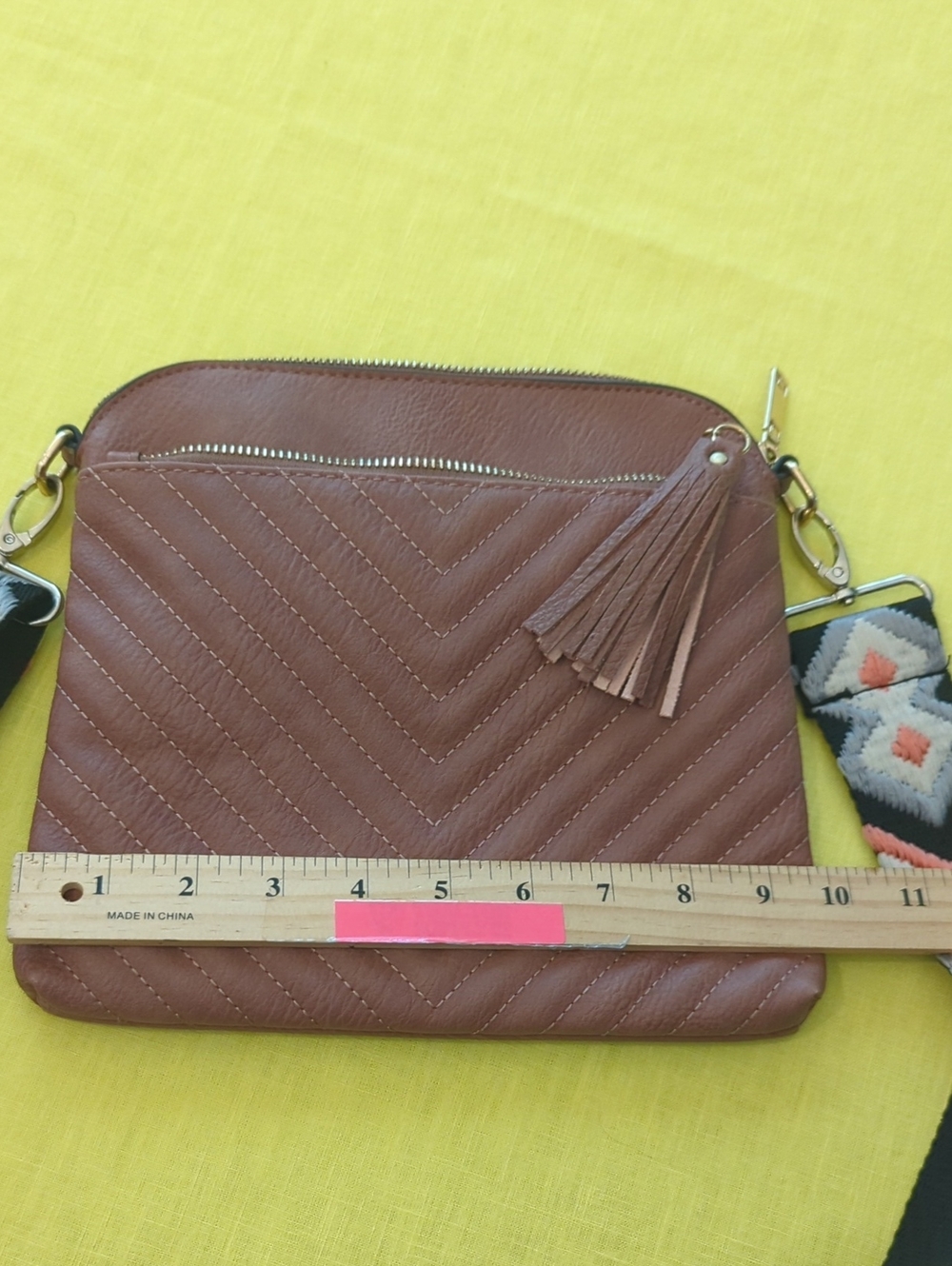 Brown Quilted Crossbody Bag with Patterned Strap - Picture 13 of 14